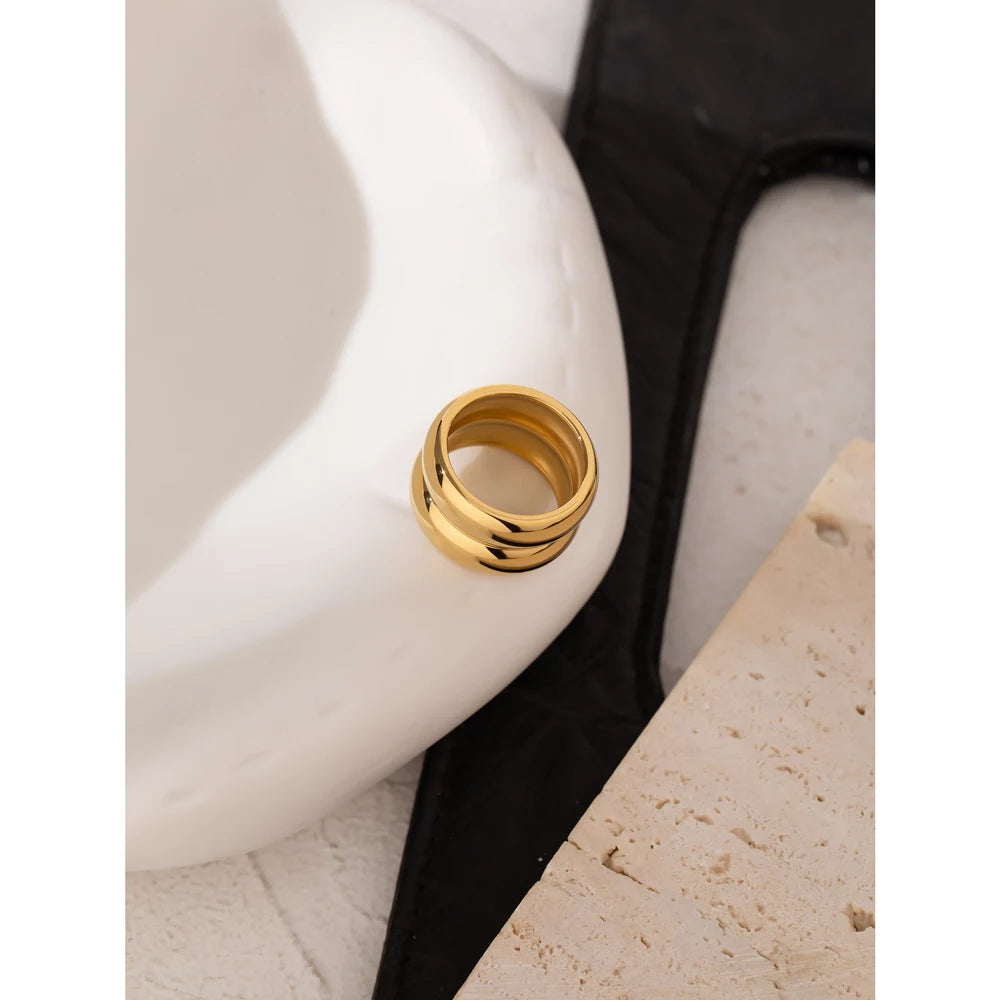 Yhpup Stylish Stainless Steel Layered Metal Texture Ring Occident Simple 18k Gold Plated Finger for Women Jewelry кольцо женское