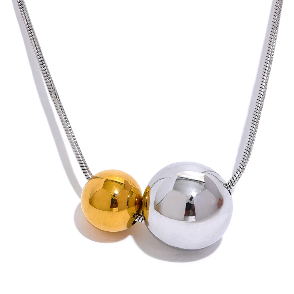 Yhpup Stainless Steel Round Ball Beads Pendant Necklace Fashion Waterproof Metal Daily Gold Color Trendy Jewelry for Women Gift