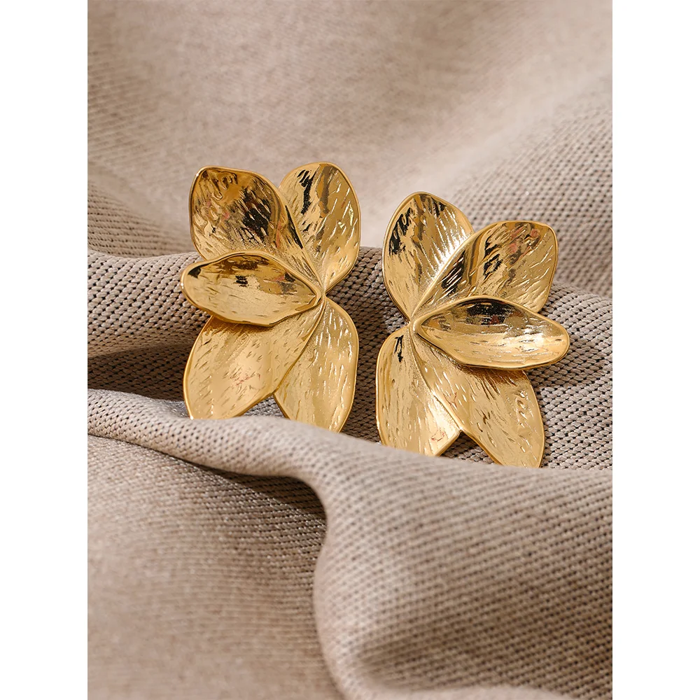 Yhpup Waterproof 316l Stainless Steel Flower Gold Color Big Stud Earrings Metal High Quality Fashion Statement Jewelry Women