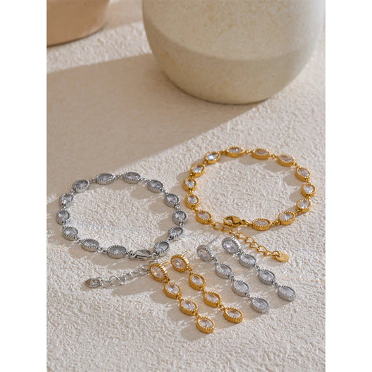 Yhpup Exquisite Shiny Cubic Zirconia Oval Chain Bracelet Bangle Earrings 316L Stainless Steel Luxury Delicate Jewelry Party Gift