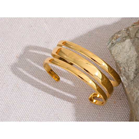 Yhpup Stainless Steel Statement Gold Color Cuff Bracelet Bangle Metal Texture Multi-Layer Temperament Fashion Waterproof Jewelry
