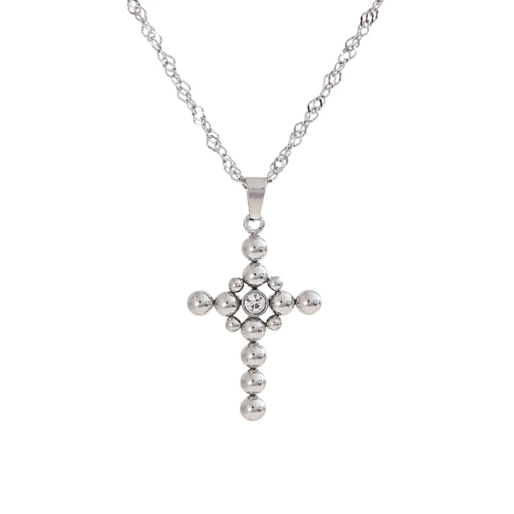 Yhpup Statement Round Beads Cross Pendant Trendy Necklace Unisex Jewelry PVD Plated Stainless Steel CZ Water Resistant Bijoux