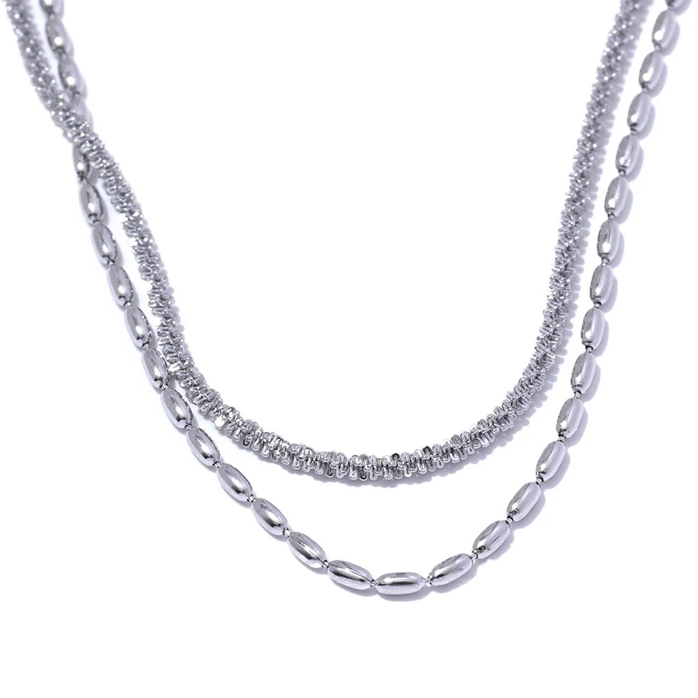 Yhpup Tarnish Resistant Stainless Steel Chic Beads Chain Double Layered Overlay Exquisite Necklace Collar Jewelry Wholesale Gift