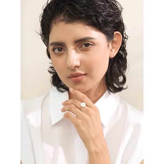 Yhpup Fashion Natural Shell Flower Adjustable Open Ring Sweet Stainless Steel 18K PVD Plated Summer Daily Jewelry Gift