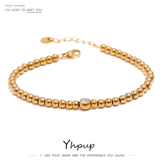 Yhpup Stainless Steel Bead Chain Bangle Bracelet Cubic Zirconia Jewelry Trendy Golden Metal Waterproof Bracelet браслеты женские