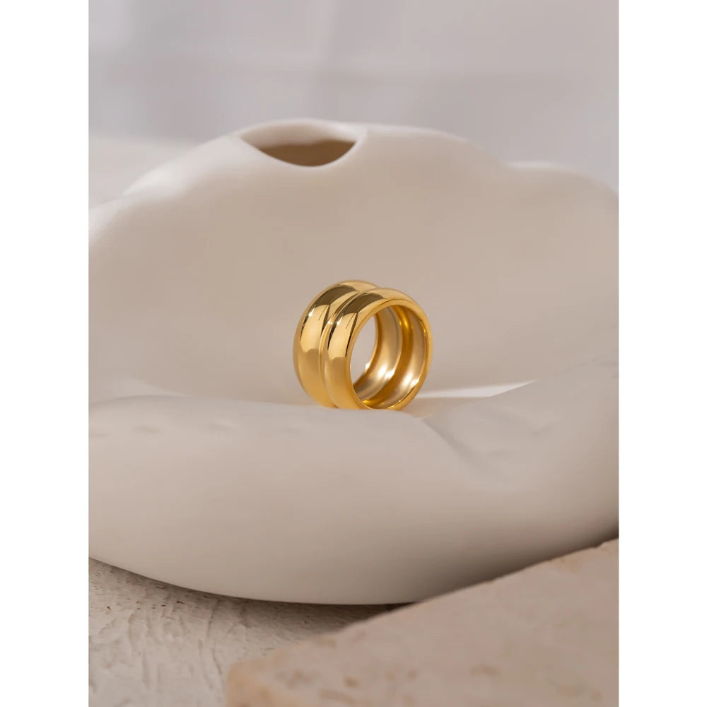 Yhpup Stylish Stainless Steel Layered Metal Texture Ring Occident Simple 18k Gold Plated Finger for Women Jewelry кольцо женское