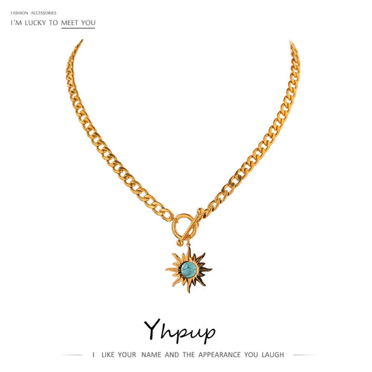 Yhpup Exquisite Sun Flower Pendant Necklace Stainless Steel Golden 18 K Chain Choker Women Necklace Bijoux Femme Accessories