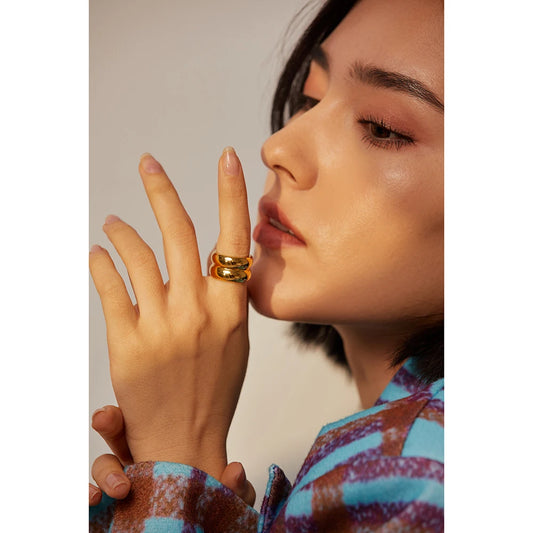 Yhpup Stylish Stainless Steel Layered Metal Texture Ring Occident Simple 18k Gold Plated Finger for Women Jewelry кольцо женское