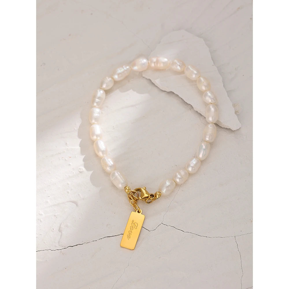 Yhpup Stainless Steel Natural Pearl Bracelet Stylish Chain LOVE Women Bracelet High Quality Jewelry бежутерия женская колье
