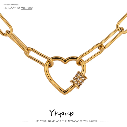 Yhpup Romantic Heart Stainless Steel Chain Necklace for Women Delicate Cubic Zirconia 14 K Plated Choker Jewelry Accessories