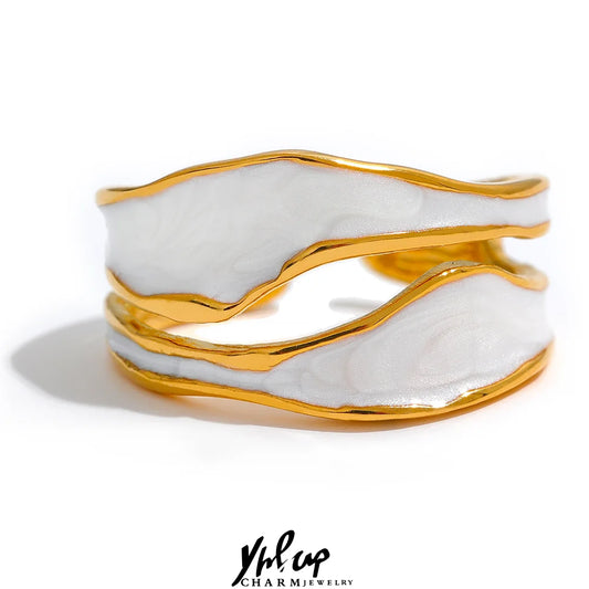 Yhpup Fashion White Enamel Creative Irregular 316 Stainless Steel Open Ring Waterproof Women Jewelry Stylish Charm Bijoux New