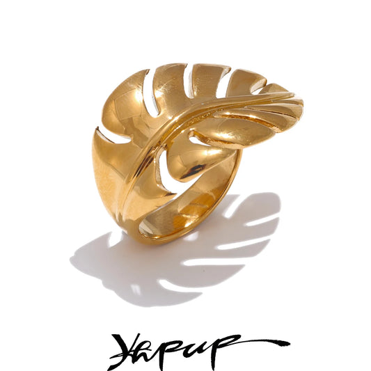Yhpup Stylish Design Stainless Steel Metal Leaf Leaves Open Ring Rust Proof Individualistic Fashion Jewelry Water Resistant Gift