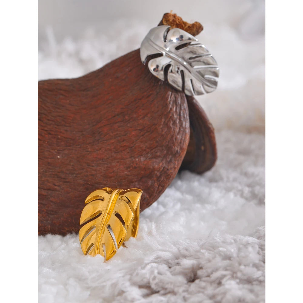 Yhpup Stylish Design Stainless Steel Metal Leaf Leaves Open Ring Rust Proof Individualistic Fashion Jewelry Water Resistant Gift