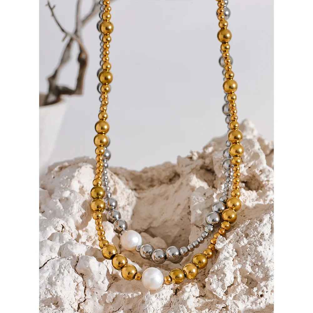 Yhpup Waterproof Stainless Steel Natural Pearl Metal 18K Gold Plated Beads Necklace Women Fashion Collar Jewelry Bijoux