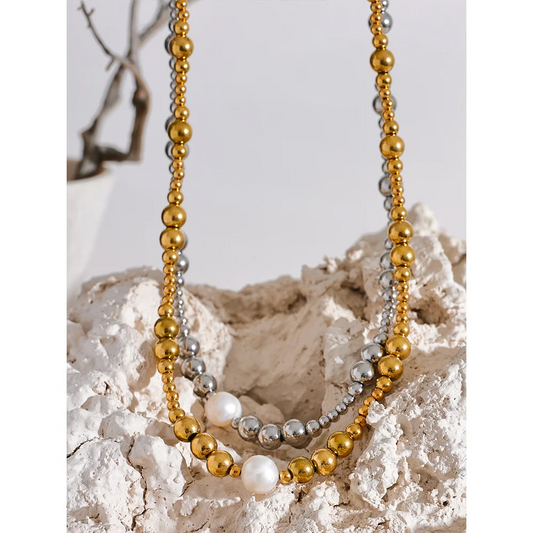 Yhpup Waterproof Stainless Steel Natural Pearl Metal 18K Gold Plated Beads Necklace Women Fashion Collar Jewelry Bijoux