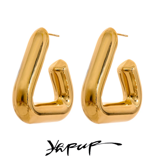 Yhpup Stainless Steel Triangle Hoop Earrings Chunky Metal Texture Prevent Allergy Waterproof Temperament Jewelry for Women Gift