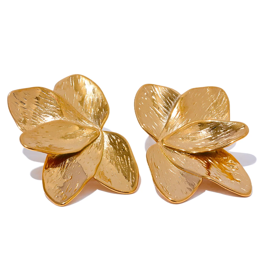 Yhpup Waterproof 316l Stainless Steel Flower Gold Color Big Stud Earrings Metal High Quality Fashion Statement Jewelry Women