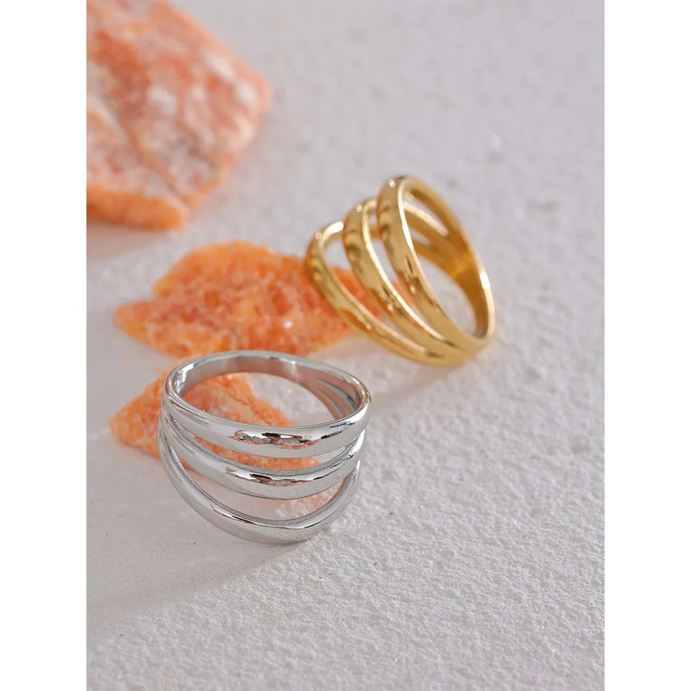 Yhpup Stainless Steel Geometric Hollow Layered Wide Ring Metal Texture Waterproof Daily Simple Stylish Golden Jewelry for Women