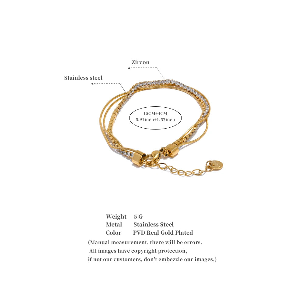Yhpup Stainless Steel Shiny Cubic Zirconia Layered Chain Stacking Bracelet Bangle Waterproof Women High Quality Fashion Jewelry