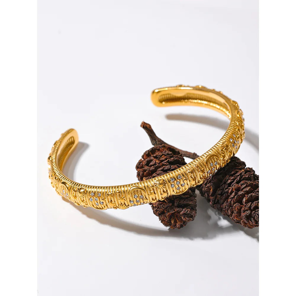 Yhpup Stainless Steel Star Moon Sun Cuff Bracelet Bangle 18K Gold Color High Quality Waterproof Zircon Charm Trendy Chic Jewelry