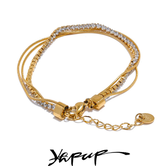 Yhpup Stainless Steel Shiny Cubic Zirconia Layered Chain Stacking Bracelet Bangle Waterproof Women High Quality Fashion Jewelry