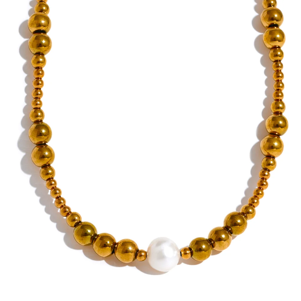 Yhpup Waterproof Stainless Steel Natural Pearl Metal 18K Gold Plated Beads Necklace Women Fashion Collar Jewelry Bijoux