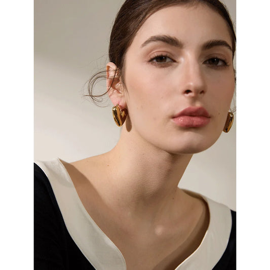 Yhpup Fat Fashion Stainless Steel Heart Chunky Hoop Earrings Charm Metal Texture Rust Proof Versatile Jewelry серьги 2023 тренд