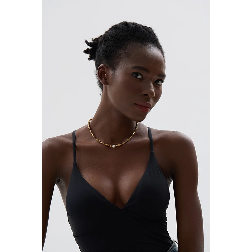 Yhpup Waterproof Stainless Steel Natural Pearl Metal 18K Gold Plated Beads Necklace Women Fashion Collar Jewelry Bijoux