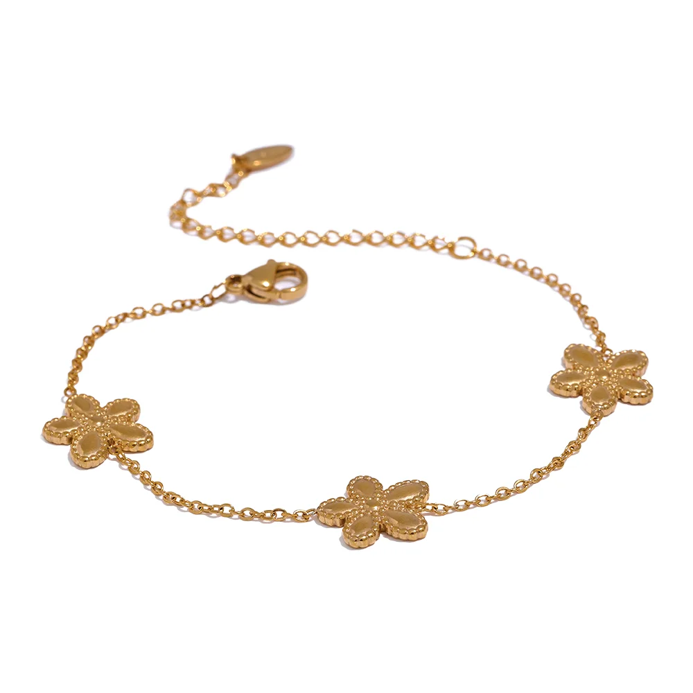 Yhpup Trendy Flower Chain Gold Color Necklace Bracelet Bangle Stainless Steel Summer Jewelry for Women Waterproof Party Gift