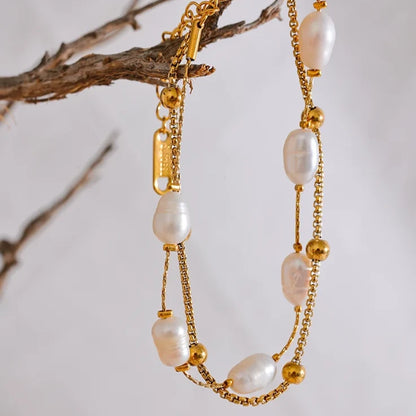 Pulseira Duplo Fio com pequena Pérolas Folheado em ouro 18k