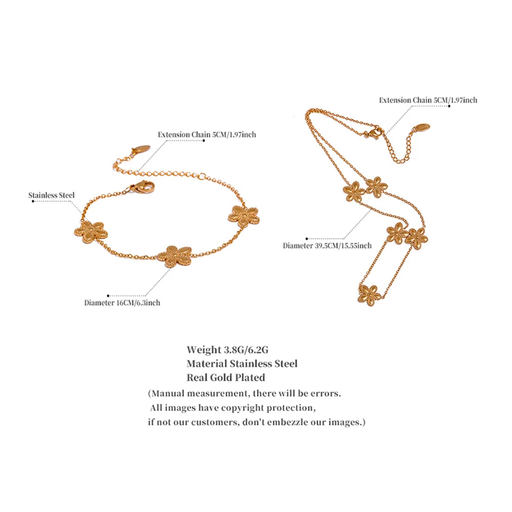 Yhpup Trendy Flower Chain Gold Color Necklace Bracelet Bangle Stainless Steel Summer Jewelry for Women Waterproof Party Gift
