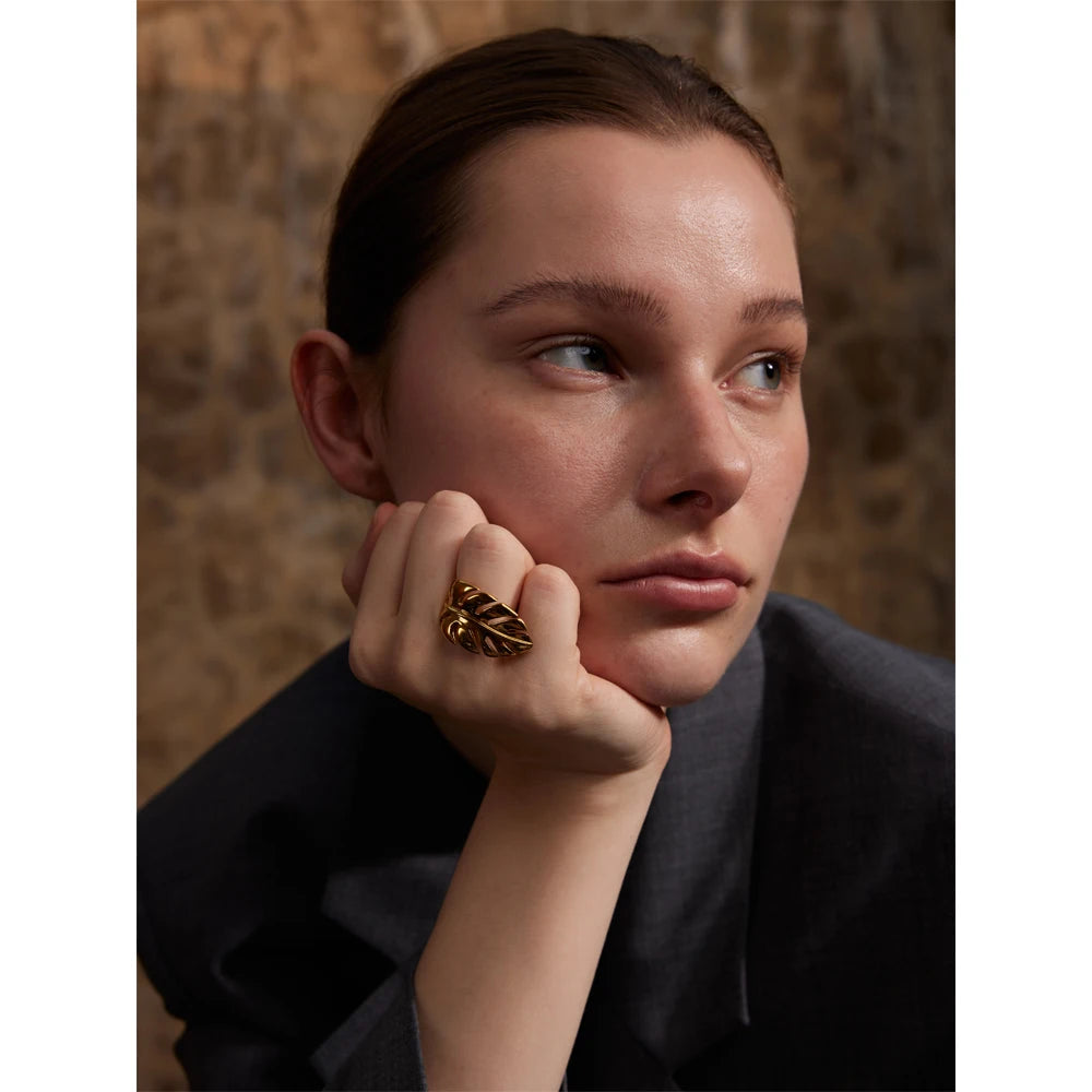 Yhpup Stylish Design Stainless Steel Metal Leaf Leaves Open Ring Rust Proof Individualistic Fashion Jewelry Water Resistant Gift