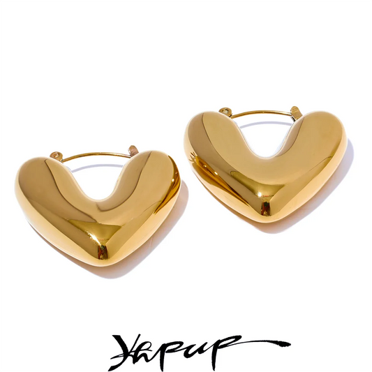 Yhpup Fat Fashion Stainless Steel Heart Chunky Hoop Earrings Charm Metal Texture Rust Proof Versatile Jewelry серьги 2023 тренд