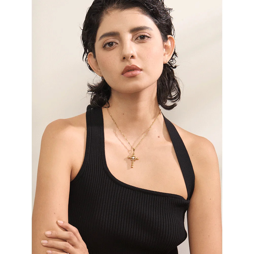 Yhpup Statement Round Beads Cross Pendant Trendy Necklace Unisex Jewelry PVD Plated Stainless Steel CZ Water Resistant Bijoux