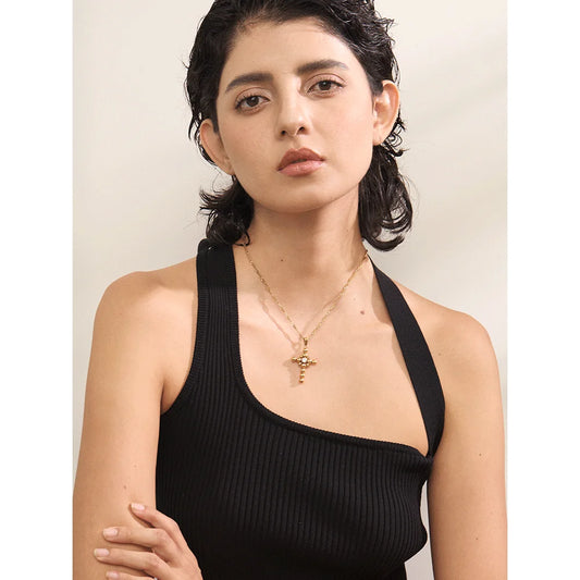 Yhpup Statement Round Beads Cross Pendant Trendy Necklace Unisex Jewelry PVD Plated Stainless Steel CZ Water Resistant Bijoux