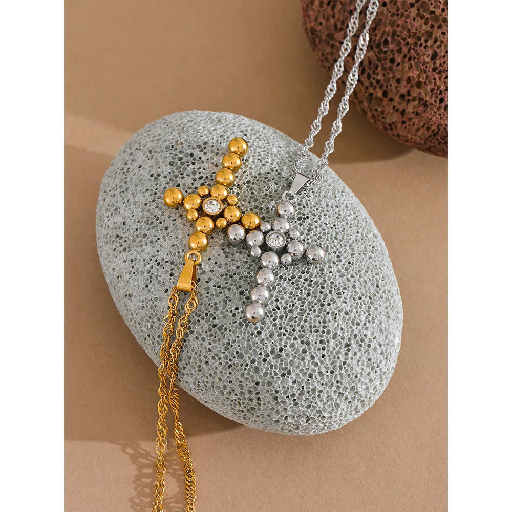 Yhpup Statement Round Beads Cross Pendant Trendy Necklace Unisex Jewelry PVD Plated Stainless Steel CZ Water Resistant Bijoux