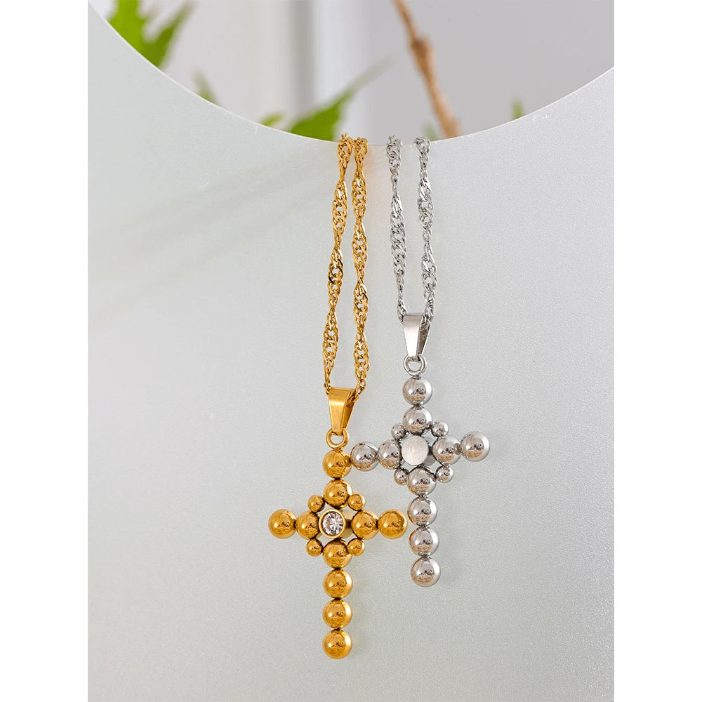 Yhpup Statement Round Beads Cross Pendant Trendy Necklace Unisex Jewelry PVD Plated Stainless Steel CZ Water Resistant Bijoux