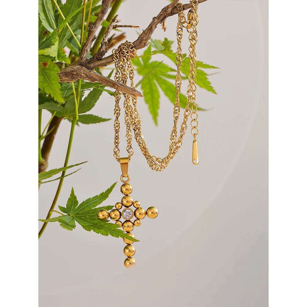 Yhpup Statement Round Beads Cross Pendant Trendy Necklace Unisex Jewelry PVD Plated Stainless Steel CZ Water Resistant Bijoux