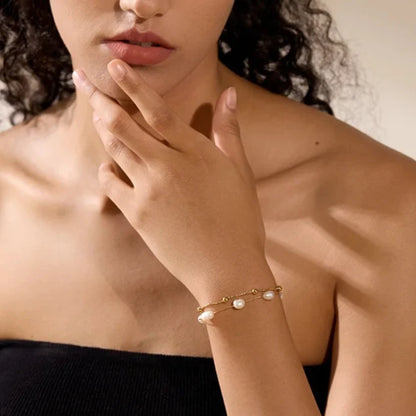 Pulseira Duplo Fio com pequena Pérolas Folheado em ouro 18k