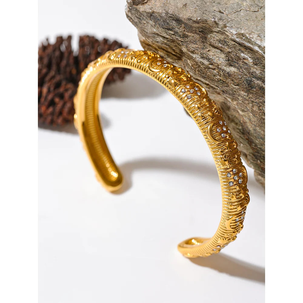 Yhpup Stainless Steel Star Moon Sun Cuff Bracelet Bangle 18K Gold Color High Quality Waterproof Zircon Charm Trendy Chic Jewelry