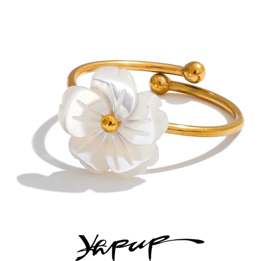 Yhpup Fashion Natural Shell Flower Adjustable Open Ring Sweet Stainless Steel 18K PVD Plated Summer Daily Jewelry Gift