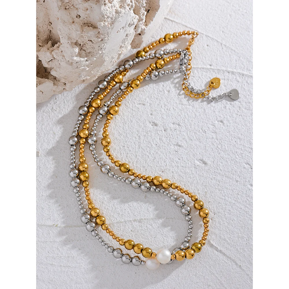 Yhpup Waterproof Stainless Steel Natural Pearl Metal 18K Gold Plated Beads Necklace Women Fashion Collar Jewelry Bijoux