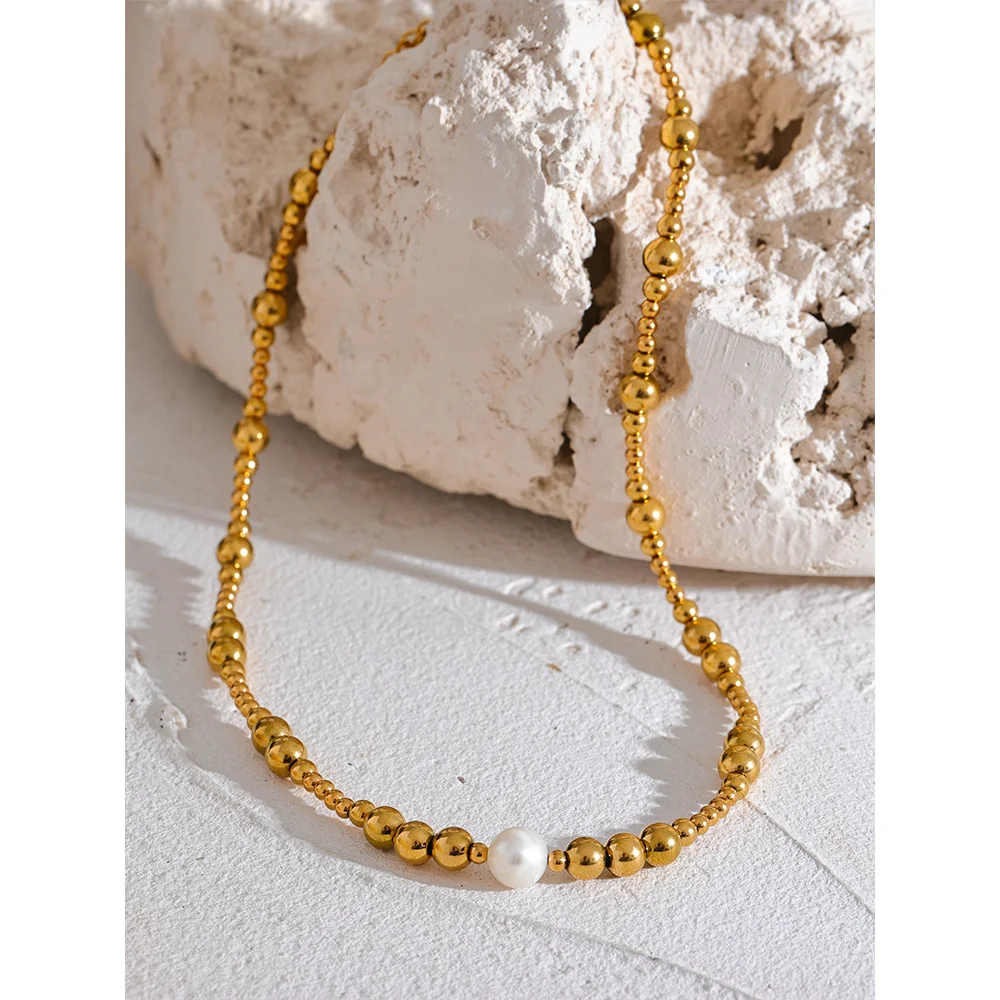 Yhpup Waterproof Stainless Steel Natural Pearl Metal 18K Gold Plated Beads Necklace Women Fashion Collar Jewelry Bijoux
