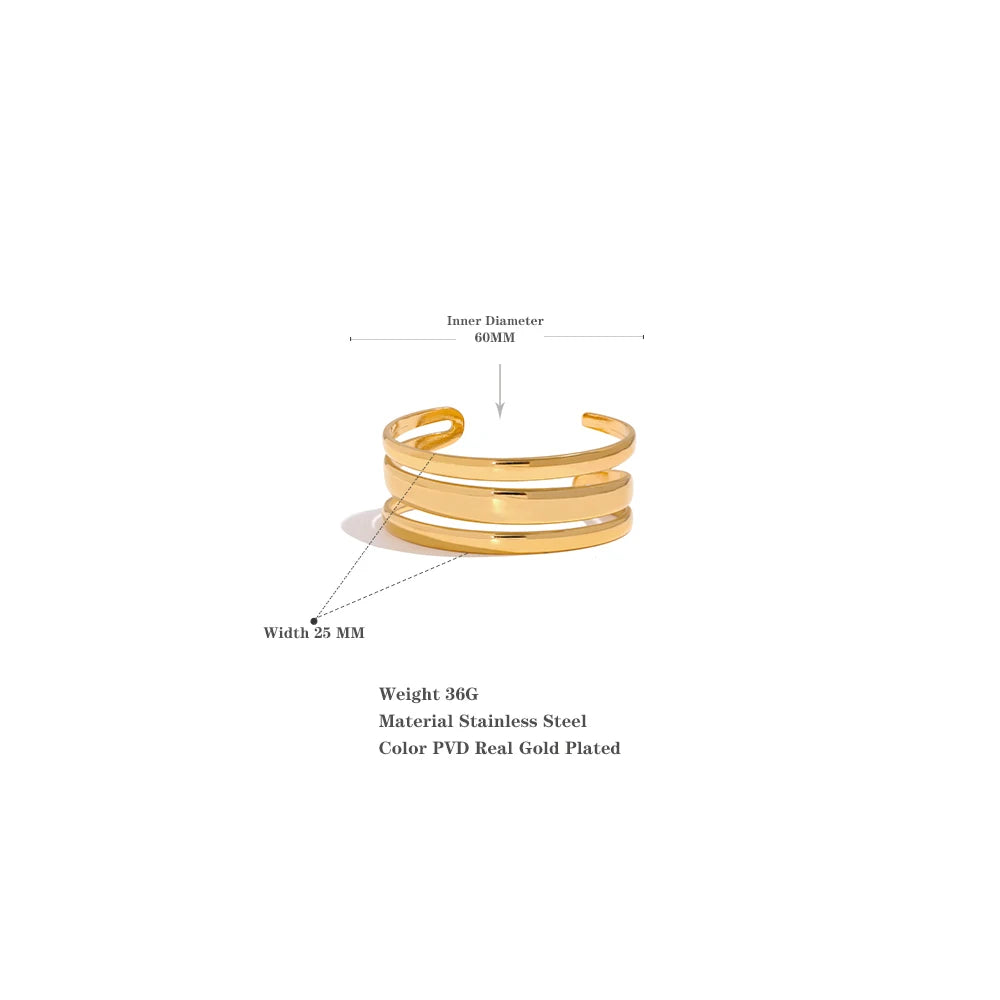 Yhpup Stainless Steel Statement Gold Color Cuff Bracelet Bangle Metal Texture Multi-Layer Temperament Fashion Waterproof Jewelry