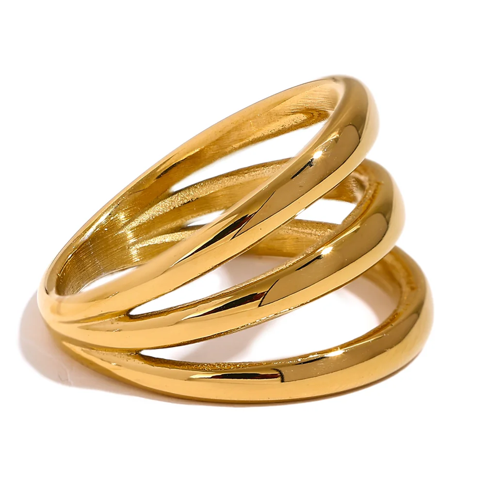 Yhpup Stainless Steel Geometric Hollow Layered Wide Ring Metal Texture Waterproof Daily Simple Stylish Golden Jewelry for Women