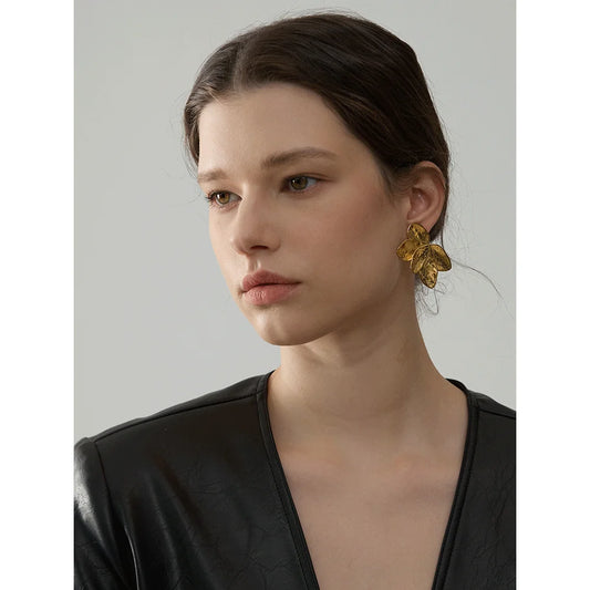 Yhpup Waterproof 316l Stainless Steel Flower Gold Color Big Stud Earrings Metal High Quality Fashion Statement Jewelry Women