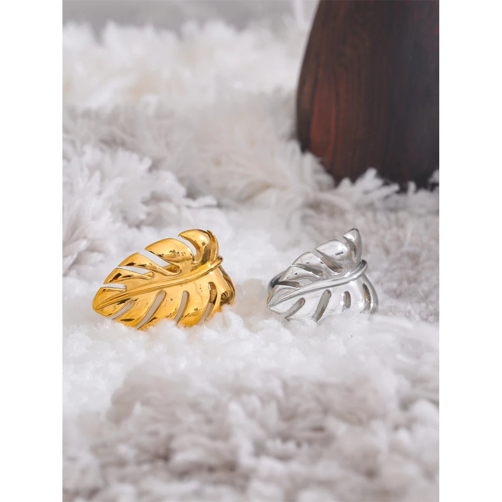 Yhpup Stylish Design Stainless Steel Metal Leaf Leaves Open Ring Rust Proof Individualistic Fashion Jewelry Water Resistant Gift