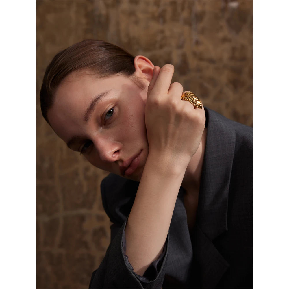 Yhpup Stylish Design Stainless Steel Metal Leaf Leaves Open Ring Rust Proof Individualistic Fashion Jewelry Water Resistant Gift