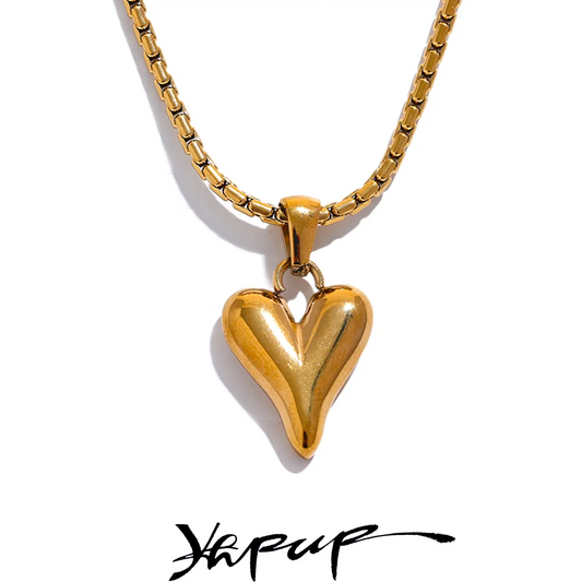 Yhpup High Quality 316l Stainless Steel Heart Love Pendant Necklace Gold Color Romantic Charm Textured Jewelry for Women Gift