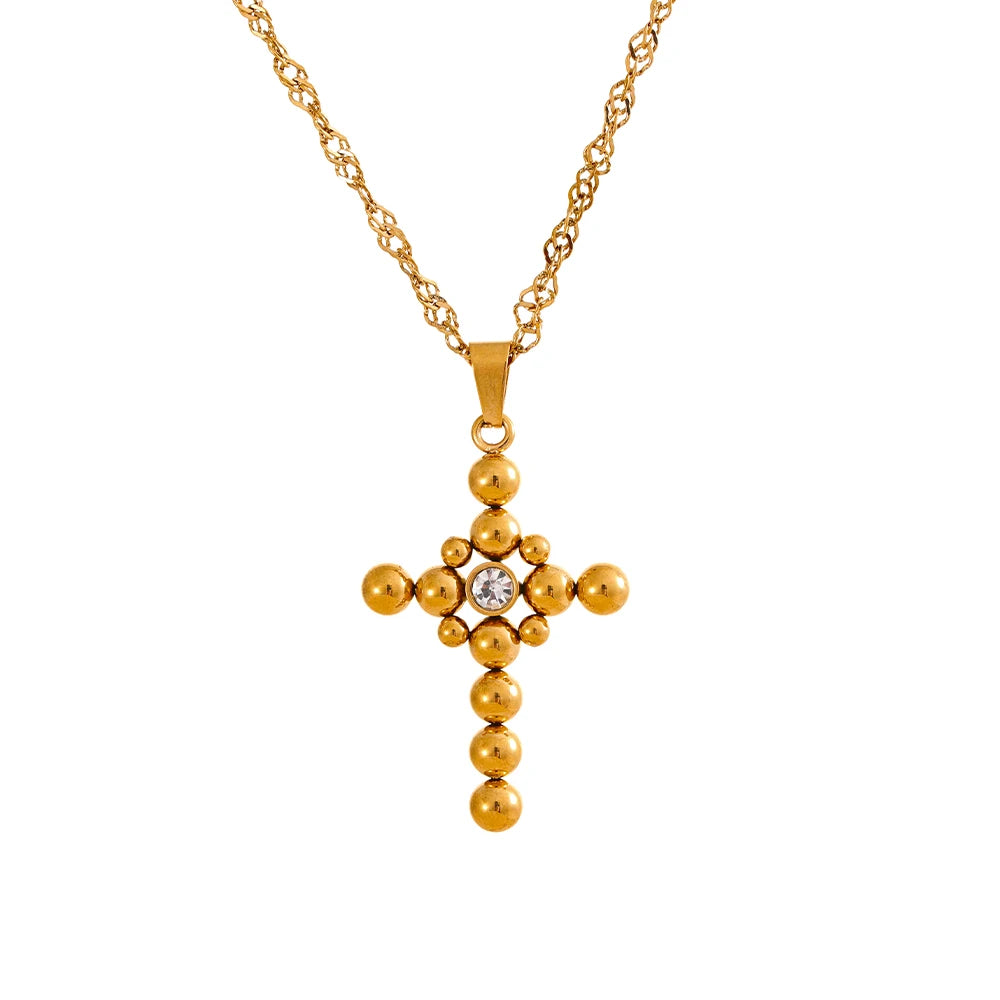 Yhpup Statement Round Beads Cross Pendant Trendy Necklace Unisex Jewelry PVD Plated Stainless Steel CZ Water Resistant Bijoux